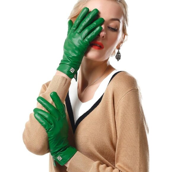 ❤️Women's Green Italian Leather Gloves Lambskin Winter Comfort Gloves - Picture 2 of 9
